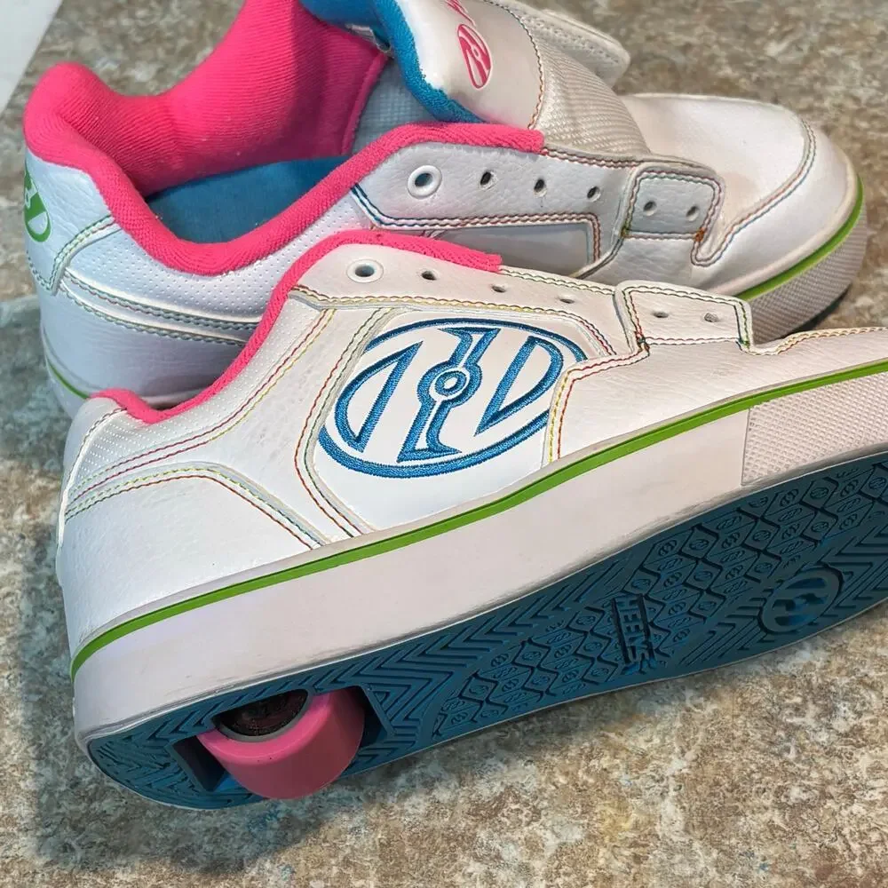 Heelys Girls Motion Plus White Pink Blue Green Roller Tennis Shoes Size 4 READ